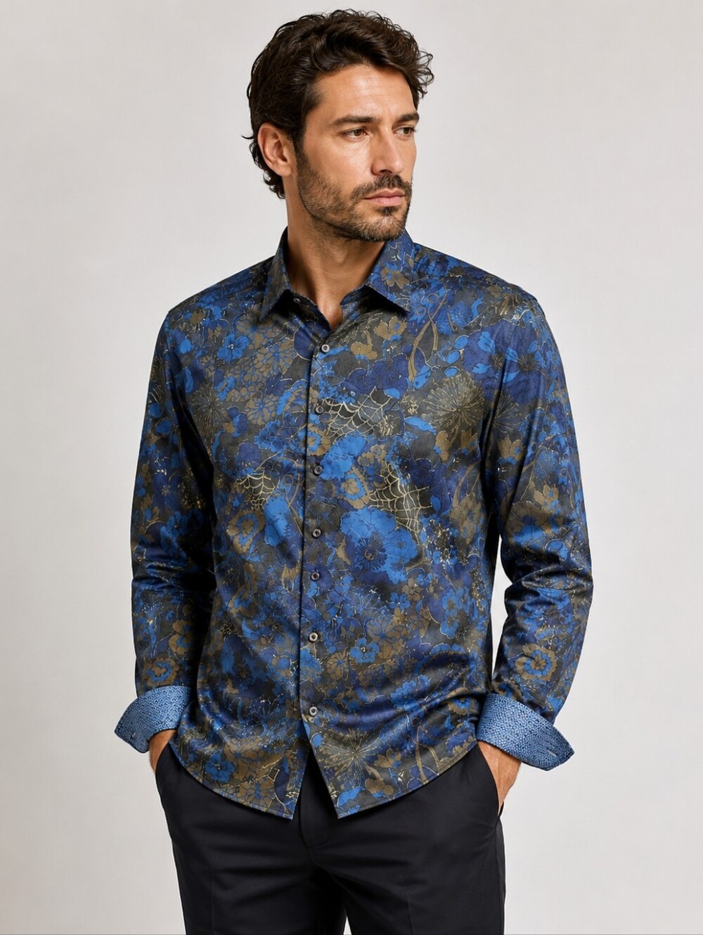 Bugatchi Uomo Blue and Gold Floral Long Sleeve Men Button Down Shirt Size XXL